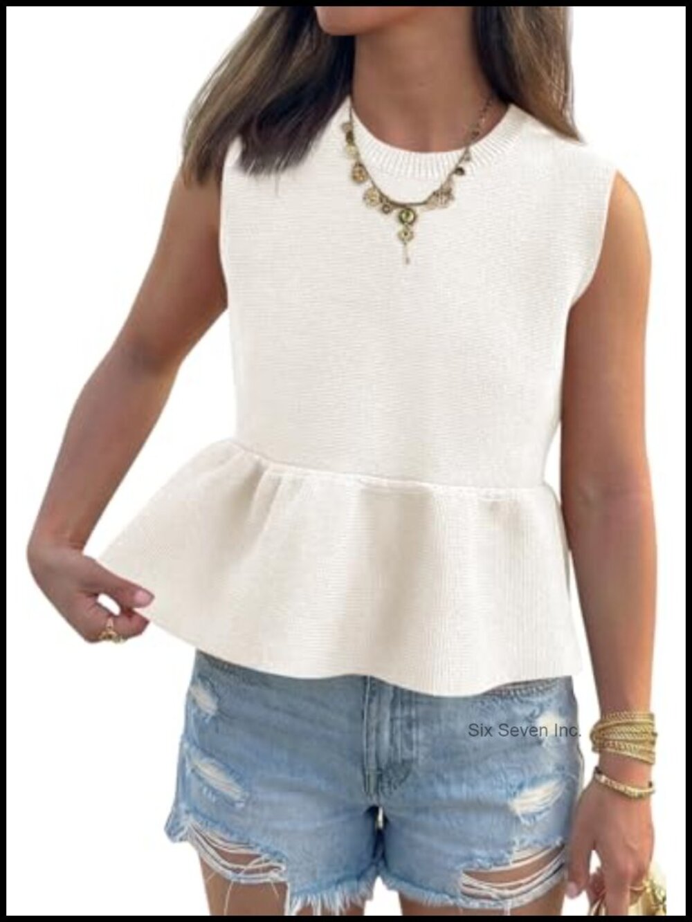 Ribbed Knit Peplum Tank Top Sleeveless Babydoll Ruffle Hem Crew Neck Vest